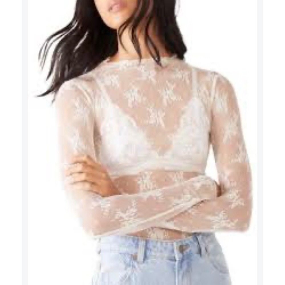 Intimately Free People Ivory Floral Lace Sheer Mesh Long Sleeve Top XL Layering